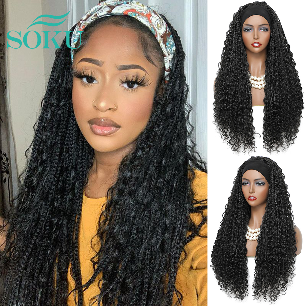 Ombre Brown Headband Synthetic Braided Wigs For Black Women 26 Inch Natural Glueless Hair Wig SOKU Faux Locs Crochet Curly Hair